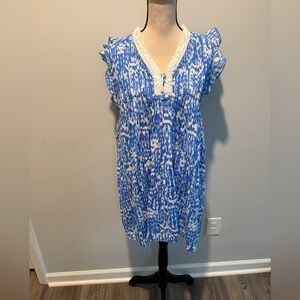Jude Connally Blue Ikat Smocked Sundress Women’s size XS Fray Neckline